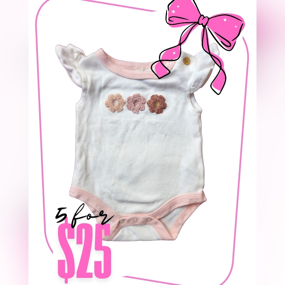 White and Pink Baby Onesie with Floral Design